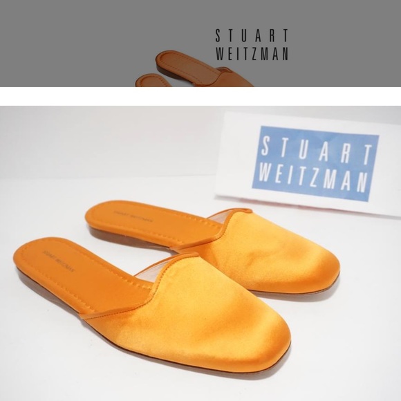 Stuart Weitzman Muletown Round Toe Mules Slip On Flat Orange Satin - Picture 7 of 16